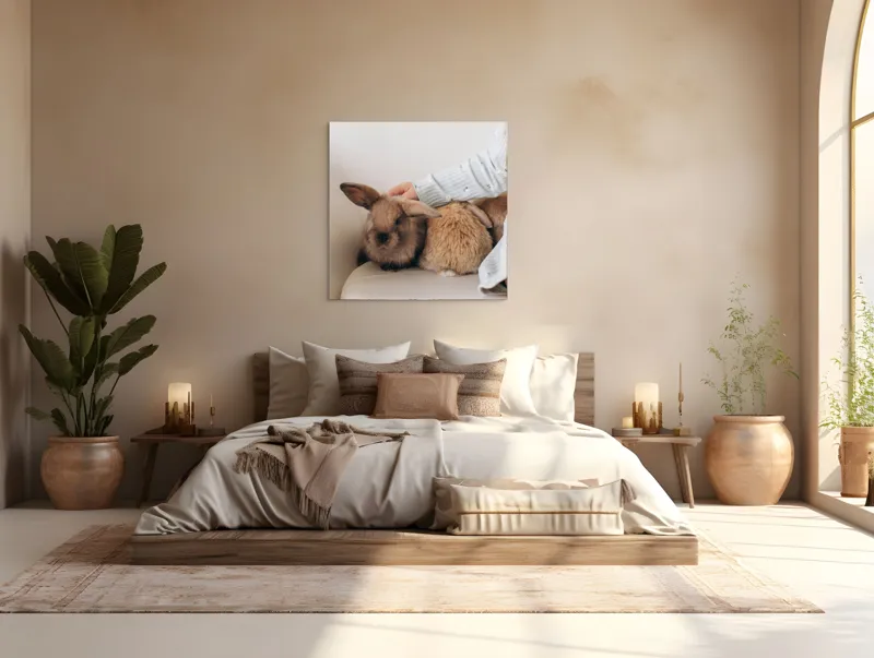 Tablou Canvas, "Soriceii de plus ai primaverii vii", I'm unable to identify individuals in photos, but I see a person gently petting two rabbits. Let me know if you need any other description or details!, 100 x 100 cm – poza 4