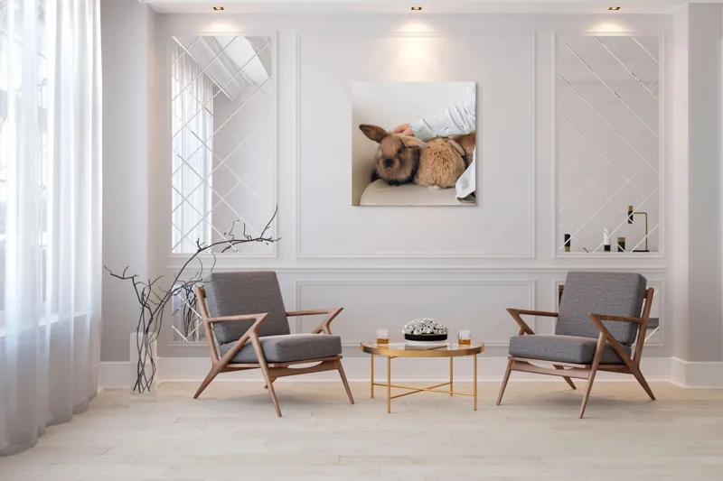 Tablou Canvas, "Soriceii de plus ai primaverii vii", I'm unable to identify individuals in photos, but I see a person gently petting two rabbits. Let me know if you need any other description or details!, 100 x 100 cm – poza 7