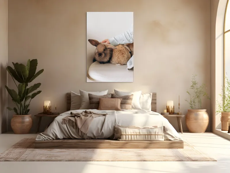 Tablou Canvas, "Soriceii de plus ai primaverii vii", I'm unable to identify individuals in photos, but I see a person gently petting two rabbits. Let me know if you need any other description or details!, 100 x 150 cm – poza 3