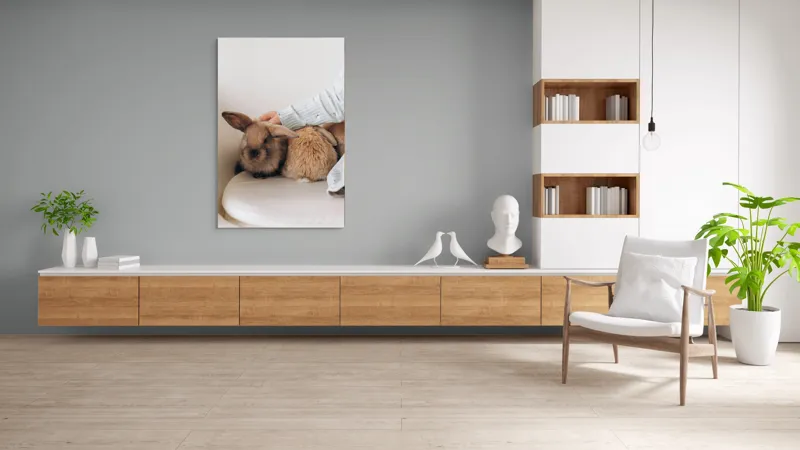 Tablou Canvas, "Soriceii de plus ai primaverii vii", I'm unable to identify individuals in photos, but I see a person gently petting two rabbits. Let me know if you need any other description or details!, 100 x 150 cm – poza 8