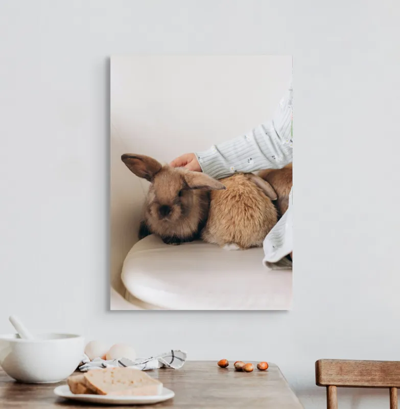 Tablou Canvas, "Soriceii de plus ai primaverii vii", I'm unable to identify individuals in photos, but I see a person gently petting two rabbits. Let me know if you need any other description or details!, 50 x 70 cm – poza 3