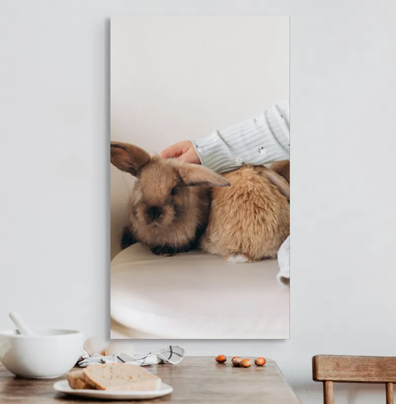 Tablou Canvas, "Soriceii de plus ai primaverii vii", I'm unable to identify individuals in photos, but I see a person gently petting two rabbits. Let me know if you need any other description or details!, 50 x 90 cm – poza 3