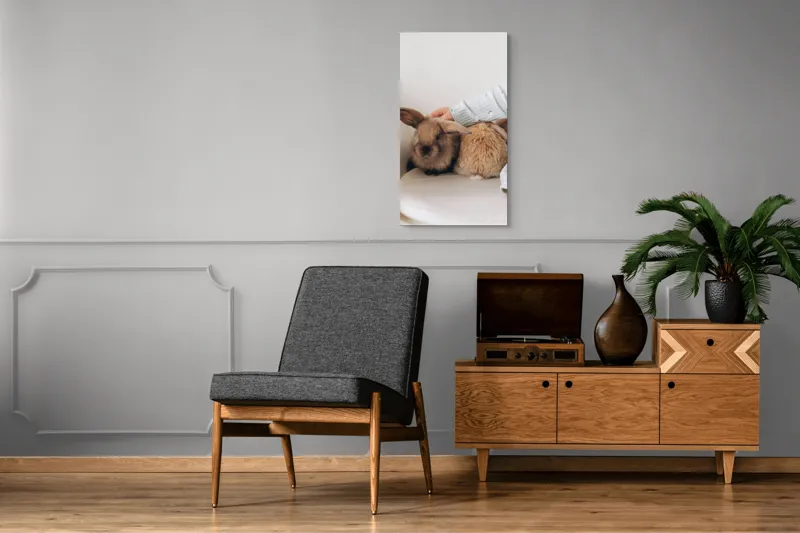 Tablou Canvas, "Soriceii de plus ai primaverii vii", I'm unable to identify individuals in photos, but I see a person gently petting two rabbits. Let me know if you need any other description or details!, 50 x 90 cm – poza 8