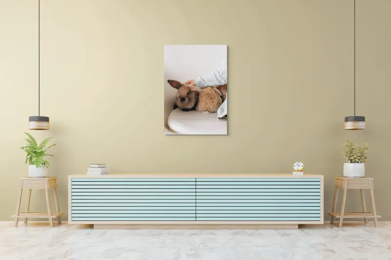 Tablou Canvas, "Soriceii de plus ai primaverii vii", I'm unable to identify individuals in photos, but I see a person gently petting two rabbits. Let me know if you need any other description or details!, 70 x 100 cm – poza 5