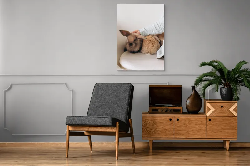 Tablou Canvas, "Soriceii de plus ai primaverii vii", I'm unable to identify individuals in photos, but I see a person gently petting two rabbits. Let me know if you need any other description or details!, 70 x 100 cm – poza 6