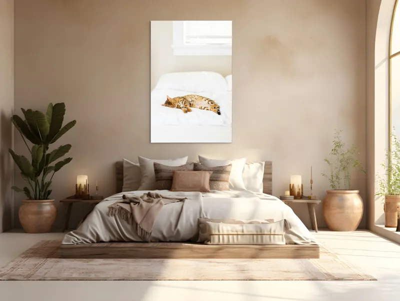 Tablou Canvas, "Pisica bengaleză dormitând pe pat alb", Relaxare, Pisică, Pat, Confort, Odihnă, Lumină, Somn, Leneveală, 100 x 150 cm – poza 3
