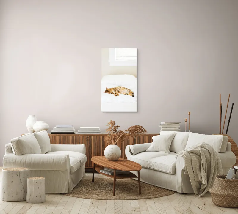 Tablou Canvas, "Pisica bengaleză dormitând pe pat alb", Relaxare, Pisică, Pat, Confort, Odihnă, Lumină, Somn, Leneveală, 50 x 90 cm – poza 7