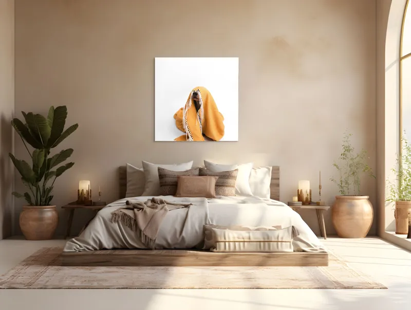 Tablou Canvas, "Câine ascuns sub pătura portocalie", Câine, Portocaliu, Pătură, Alb, Franjuri, Ascuns, Drăgălaș, Simpatic, Privire, Coperta, 100 x 100 cm – poza 4