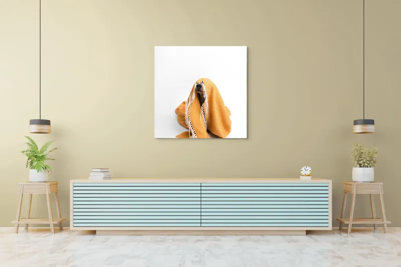 Tablou Canvas, "Câine ascuns sub pătura portocalie", Câine, Portocaliu, Pătură, Alb, Franjuri, Ascuns, Drăgălaș, Simpatic, Privire, Coperta, 100 x 100 cm – poza 5