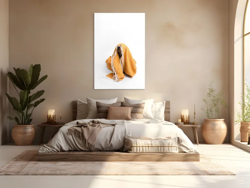Tablou Canvas, "Câine ascuns sub pătura portocalie", Câine, Portocaliu, Pătură, Alb, Franjuri, Ascuns, Drăgălaș, Simpatic, Privire, Coperta, 100 x 150 cm – poza 3