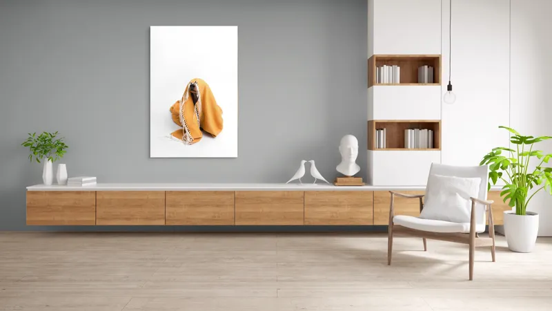Tablou Canvas, "Câine ascuns sub pătura portocalie", Câine, Portocaliu, Pătură, Alb, Franjuri, Ascuns, Drăgălaș, Simpatic, Privire, Coperta, 100 x 150 cm – poza 8