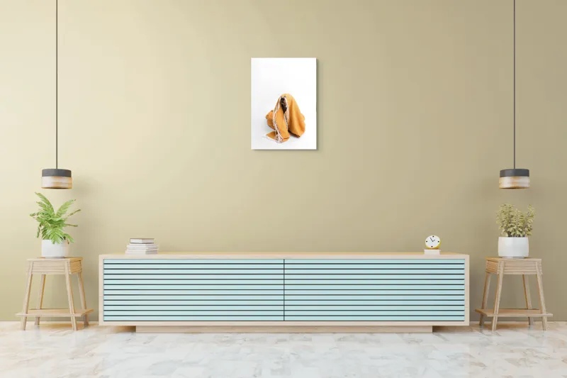 Tablou Canvas, "Câine ascuns sub pătura portocalie", Câine, Portocaliu, Pătură, Alb, Franjuri, Ascuns, Drăgălaș, Simpatic, Privire, Coperta, 50 x 70 cm – poza 6
