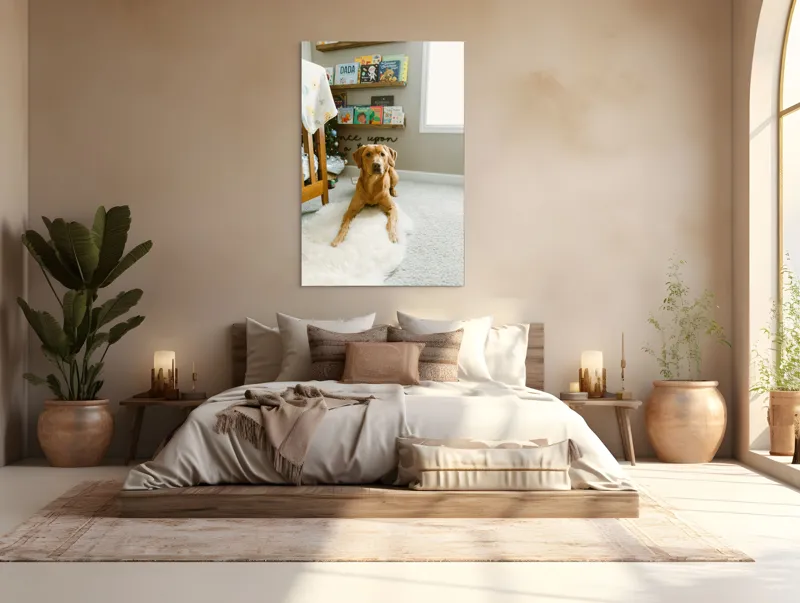 Tablou Canvas, "Câinele ascultător într-o cameră de poveste", Câine, Perete, Cărți, Rafturi, Covor, Geam, Cameră, Jucării, Postere, Mobilier, 100 x 150 cm – poza 3