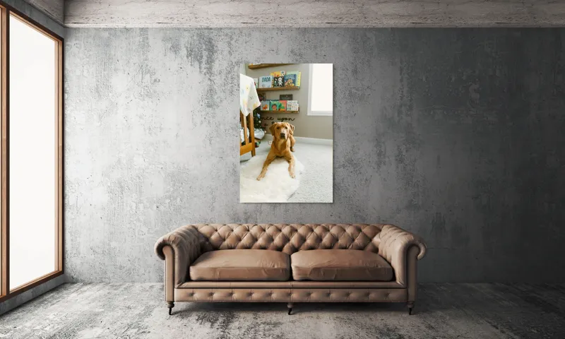 Tablou Canvas, "Câinele ascultător într-o cameră de poveste", Câine, Perete, Cărți, Rafturi, Covor, Geam, Cameră, Jucării, Postere, Mobilier, 100 x 150 cm – poza 6
