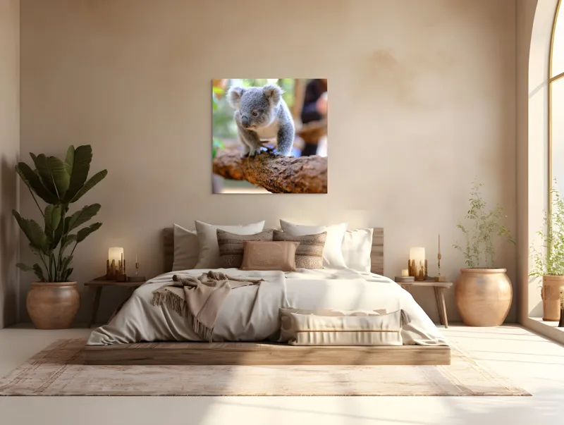 Tablou Canvas, "Puiul de koala pe creangă sigură", Koala, Ramură, Blană, Frunze, Natură, Urechi, Lemn, Drăgălaș, Explorare, Mic., 100 x 100 cm – poza 4