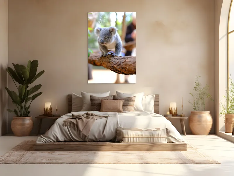 Tablou Canvas, "Puiul de koala pe creangă sigură", Koala, Ramură, Blană, Frunze, Natură, Urechi, Lemn, Drăgălaș, Explorare, Mic., 100 x 150 cm – poza 3