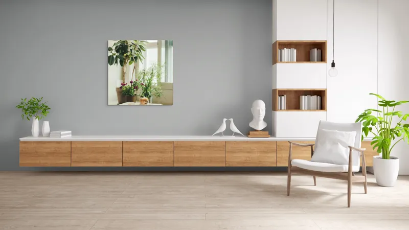 Tablou Canvas, "Cățel fericit în culcușul lui confortabil", Plante, Fereastră, Cățeluș, Relaxare, Lumină, Ghiveci, Interior, Verdeață., 100 x 100 cm – poza 8
