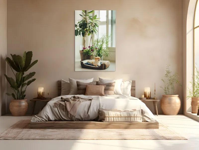 Tablou Canvas, "Cățel fericit în culcușul lui confortabil", Plante, Fereastră, Cățeluș, Relaxare, Lumină, Ghiveci, Interior, Verdeață., 100 x 150 cm – poza 3