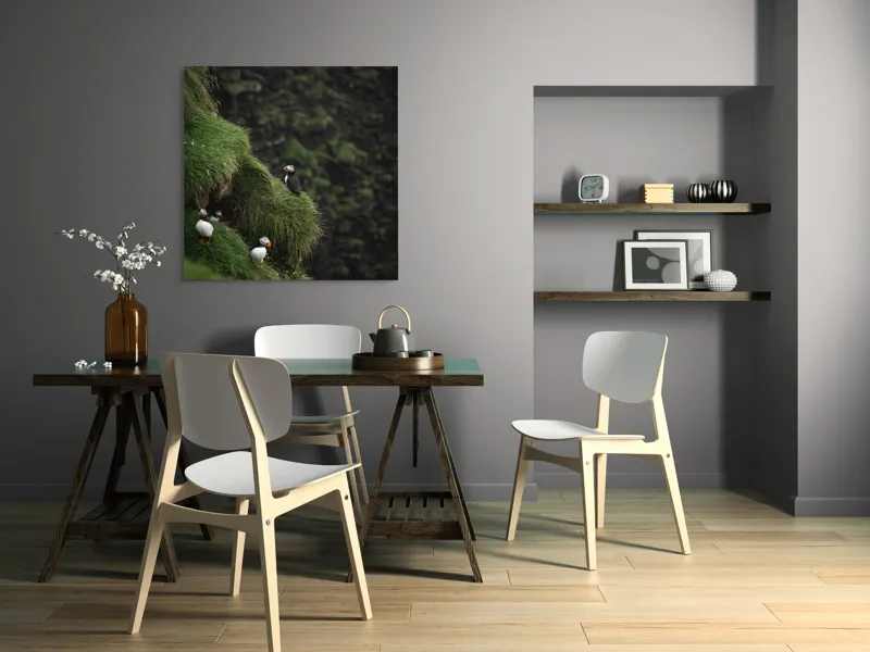 Tablou Canvas, "Puffini pe stâncile verzi din larg", Puffini, Stâncă, Vegetație, Verde, Pene, Natură, Acvatic, Cuibărire, 100 x 100 cm – poza 6