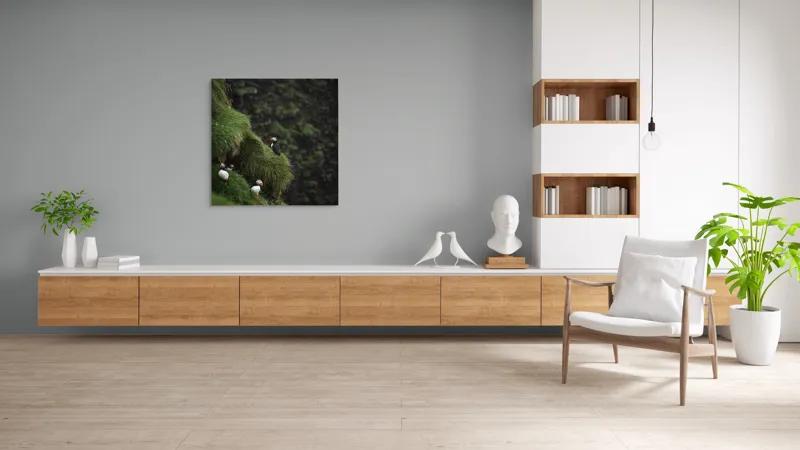 Tablou Canvas, "Puffini pe stâncile verzi din larg", Puffini, Stâncă, Vegetație, Verde, Pene, Natură, Acvatic, Cuibărire, 100 x 100 cm – poza 8