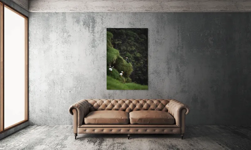 Tablou Canvas, "Puffini pe stâncile verzi din larg", Puffini, Stâncă, Vegetație, Verde, Pene, Natură, Acvatic, Cuibărire, 100 x 150 cm – poza 6