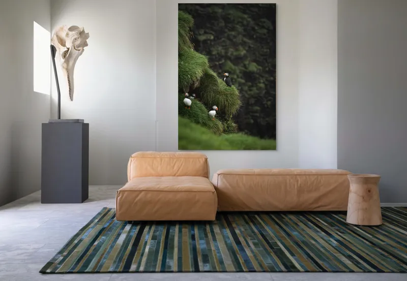 Tablou Canvas, "Puffini pe stâncile verzi din larg", Puffini, Stâncă, Vegetație, Verde, Pene, Natură, Acvatic, Cuibărire, 100 x 150 cm – poza 7