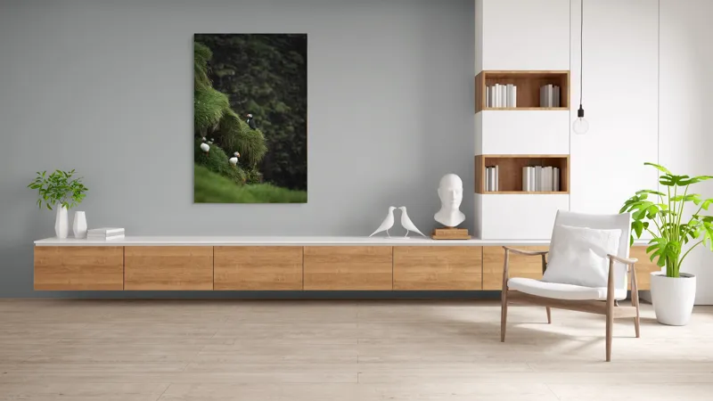 Tablou Canvas, "Puffini pe stâncile verzi din larg", Puffini, Stâncă, Vegetație, Verde, Pene, Natură, Acvatic, Cuibărire, 100 x 150 cm – poza 8
