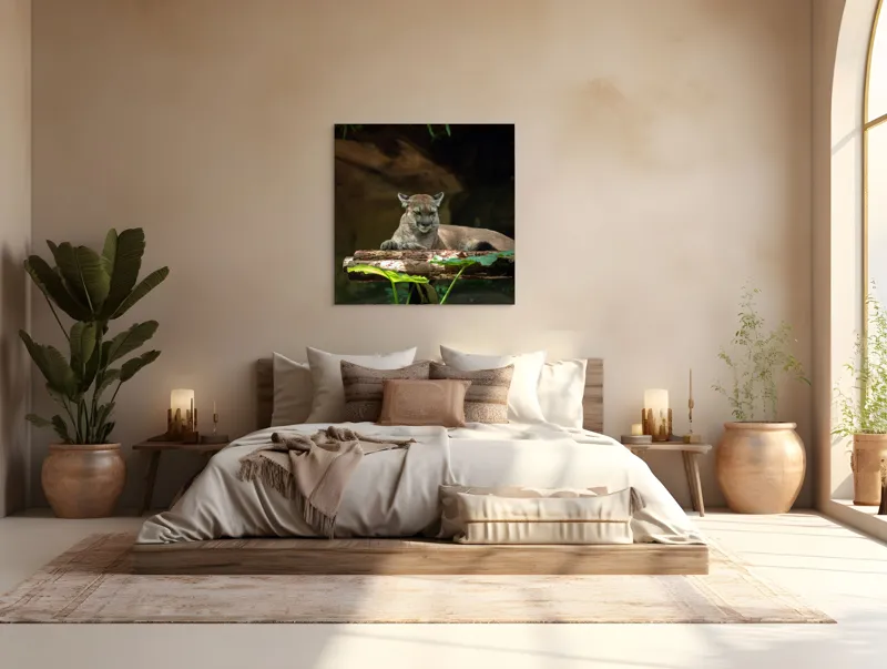 Tablou Canvas, "Puma odihnindu-se pe trunchi de copac", Pumă, Stând, Odihnă, Trunchi, Vegetație, Natură, Felină, Blană, Frunze, Umbră, 100 x 100 cm – poza 4