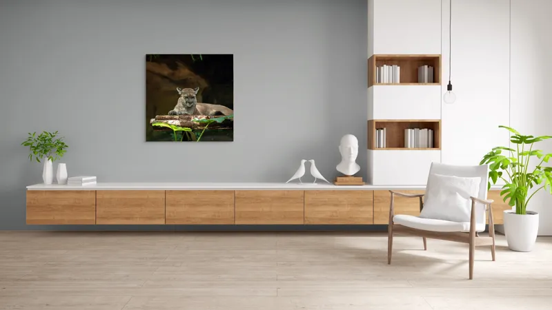Tablou Canvas, "Puma odihnindu-se pe trunchi de copac", Pumă, Stând, Odihnă, Trunchi, Vegetație, Natură, Felină, Blană, Frunze, Umbră, 100 x 100 cm – poza 8