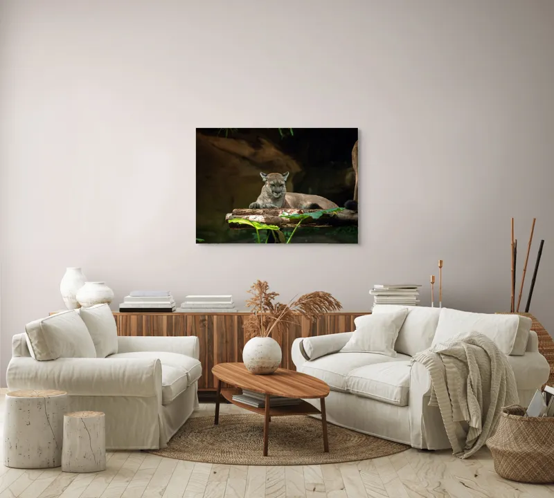 Tablou Canvas, "Puma odihnindu-se pe trunchi de copac", Pumă, Stând, Odihnă, Trunchi, Vegetație, Natură, Felină, Blană, Frunze, Umbră, 100 x 70 cm – poza 3