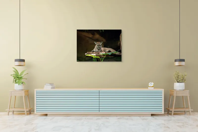Tablou Canvas, "Puma odihnindu-se pe trunchi de copac", Pumă, Stând, Odihnă, Trunchi, Vegetație, Natură, Felină, Blană, Frunze, Umbră, 100 x 70 cm – poza 4