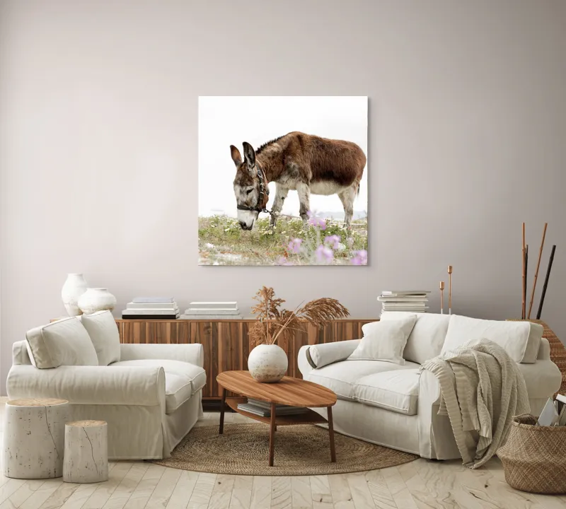 Tablou Canvas, "Măgar păscând printre flori de câmp", Calm, Blând, Verdeață, Flori, Natură, Cer, Tranquil, Mânz, Relaxant, Echilibru, 100 x 100 cm – poza 3