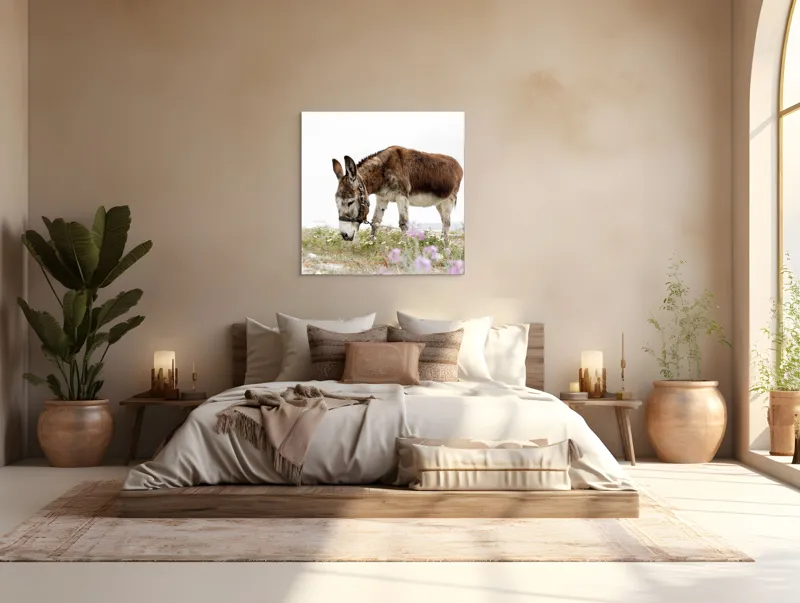 Tablou Canvas, "Măgar păscând printre flori de câmp", Calm, Blând, Verdeață, Flori, Natură, Cer, Tranquil, Mânz, Relaxant, Echilibru, 100 x 100 cm – poza 4