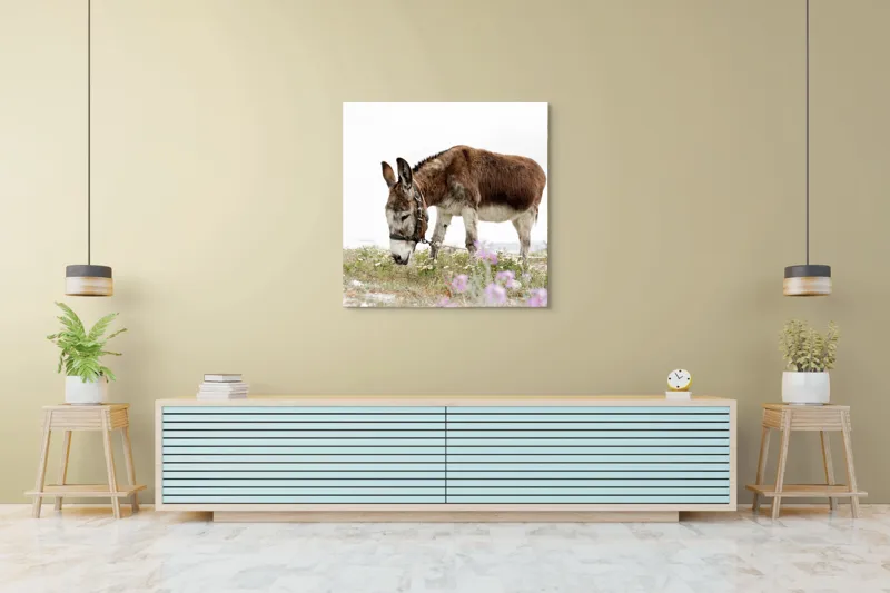 Tablou Canvas, "Măgar păscând printre flori de câmp", Calm, Blând, Verdeață, Flori, Natură, Cer, Tranquil, Mânz, Relaxant, Echilibru, 100 x 100 cm – poza 5