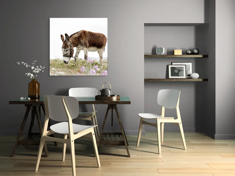 Tablou Canvas, "Măgar păscând printre flori de câmp", Calm, Blând, Verdeață, Flori, Natură, Cer, Tranquil, Mânz, Relaxant, Echilibru, 100 x 100 cm – poza 6