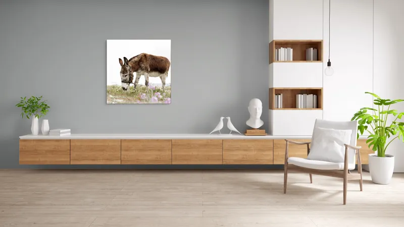 Tablou Canvas, "Măgar păscând printre flori de câmp", Calm, Blând, Verdeață, Flori, Natură, Cer, Tranquil, Mânz, Relaxant, Echilibru, 100 x 100 cm – poza 8