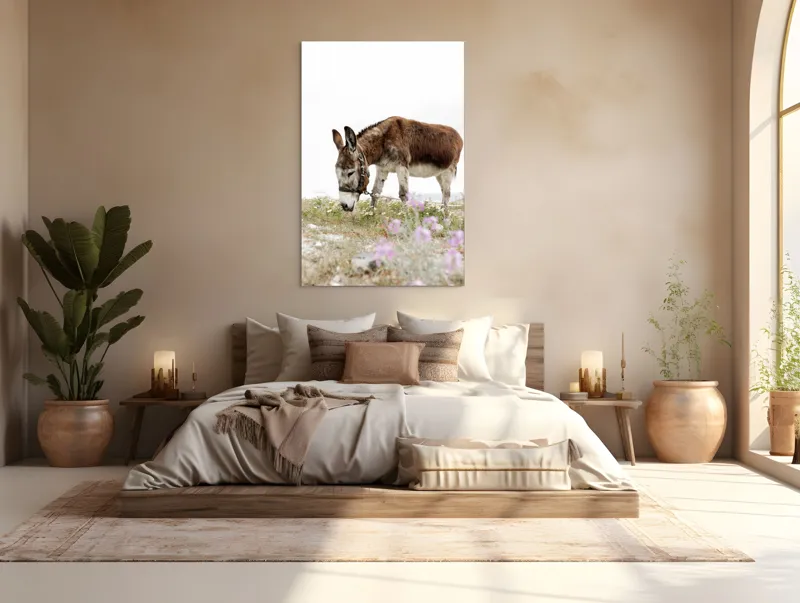 Tablou Canvas, "Măgar păscând printre flori de câmp", Calm, Blând, Verdeață, Flori, Natură, Cer, Tranquil, Mânz, Relaxant, Echilibru, 100 x 150 cm – poza 3