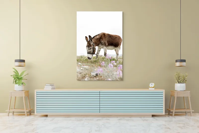 Tablou Canvas, "Măgar păscând printre flori de câmp", Calm, Blând, Verdeață, Flori, Natură, Cer, Tranquil, Mânz, Relaxant, Echilibru, 100 x 150 cm – poza 4