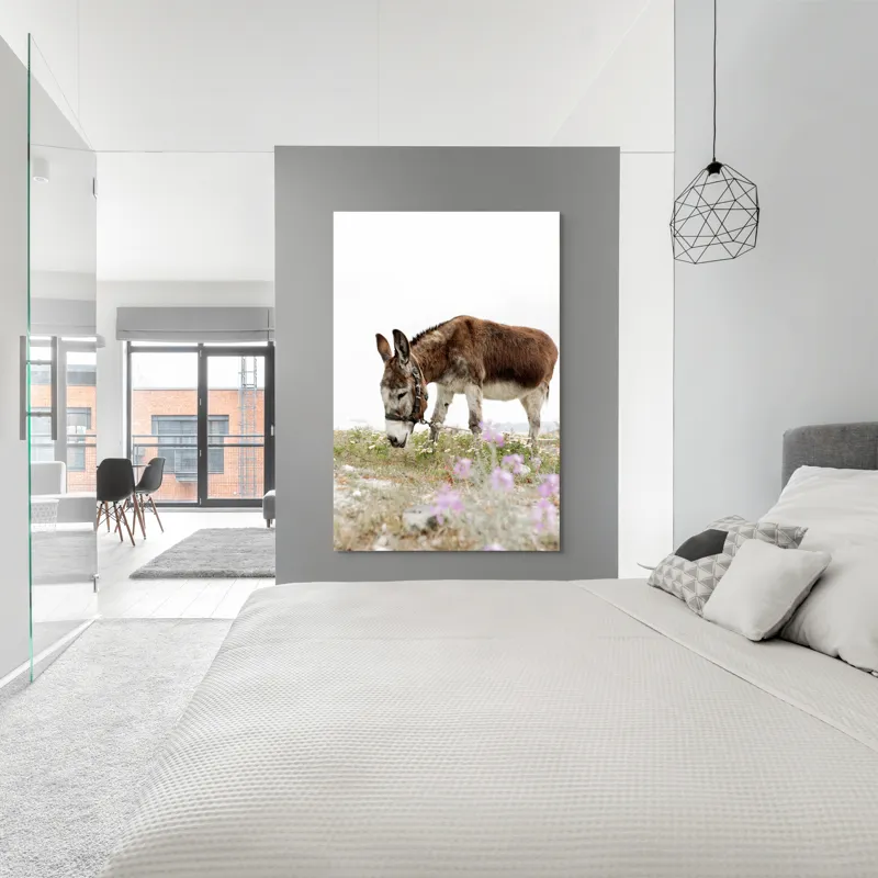 Tablou Canvas, "Măgar păscând printre flori de câmp", Calm, Blând, Verdeață, Flori, Natură, Cer, Tranquil, Mânz, Relaxant, Echilibru, 100 x 150 cm – poza 5