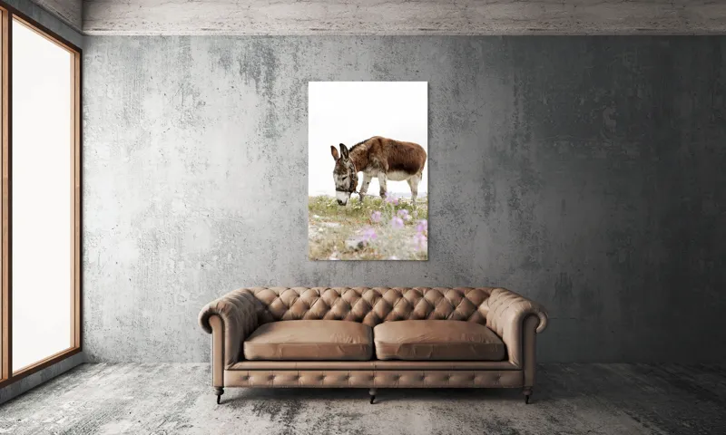 Tablou Canvas, "Măgar păscând printre flori de câmp", Calm, Blând, Verdeață, Flori, Natură, Cer, Tranquil, Mânz, Relaxant, Echilibru, 100 x 150 cm – poza 6