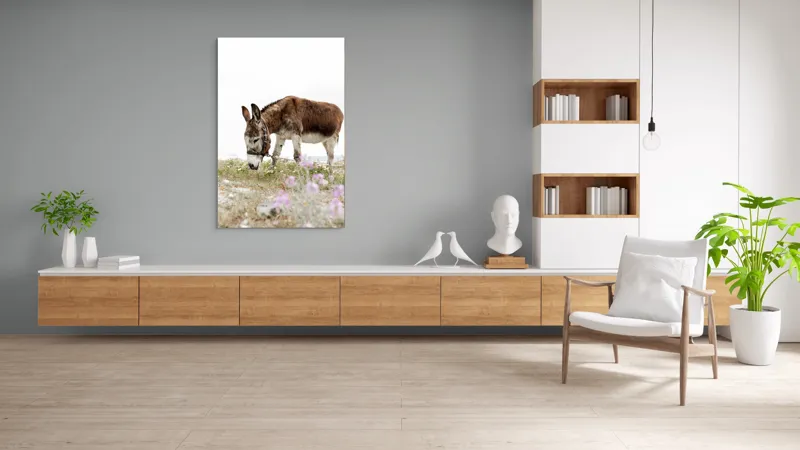 Tablou Canvas, "Măgar păscând printre flori de câmp", Calm, Blând, Verdeață, Flori, Natură, Cer, Tranquil, Mânz, Relaxant, Echilibru, 100 x 150 cm – poza 8