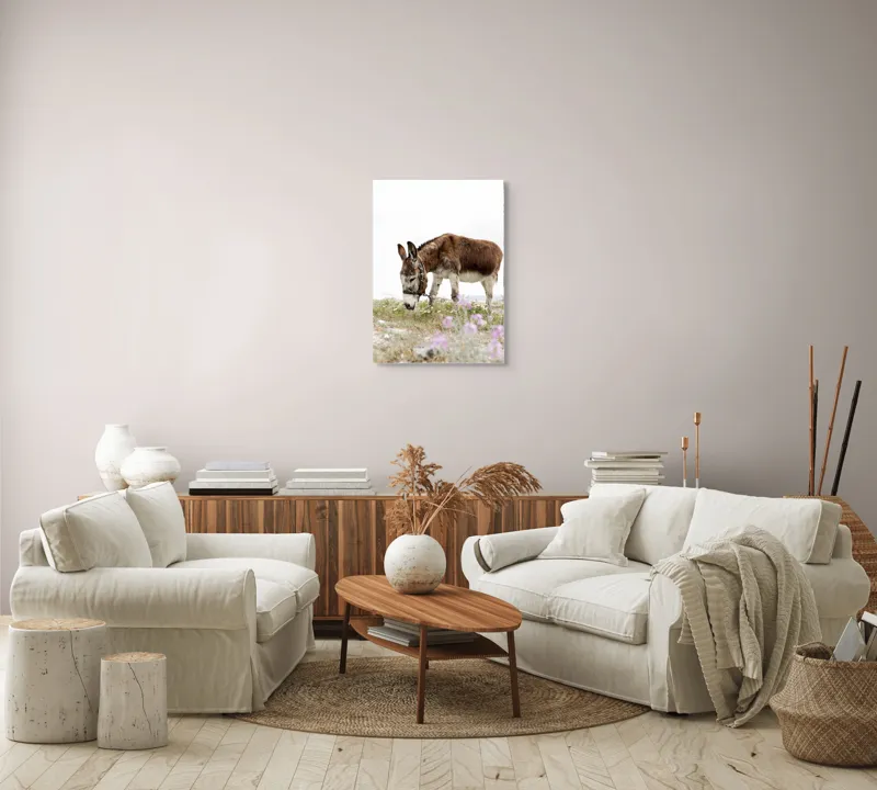 Tablou Canvas, "Măgar păscând printre flori de câmp", Calm, Blând, Verdeață, Flori, Natură, Cer, Tranquil, Mânz, Relaxant, Echilibru, 50 x 70 cm – poza 4