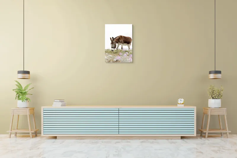 Tablou Canvas, "Măgar păscând printre flori de câmp", Calm, Blând, Verdeață, Flori, Natură, Cer, Tranquil, Mânz, Relaxant, Echilibru, 50 x 70 cm – poza 6