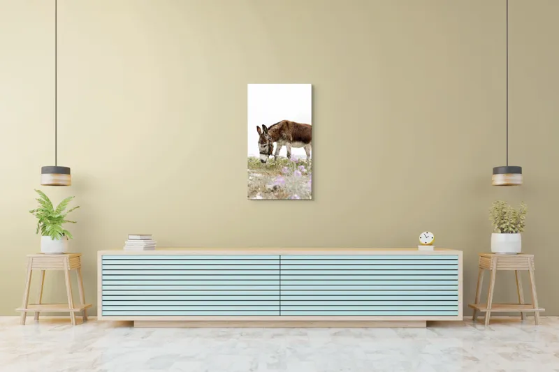 Tablou Canvas, "Măgar păscând printre flori de câmp", Calm, Blând, Verdeață, Flori, Natură, Cer, Tranquil, Mânz, Relaxant, Echilibru, 50 x 90 cm – poza 6