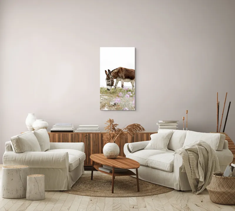 Tablou Canvas, "Măgar păscând printre flori de câmp", Calm, Blând, Verdeață, Flori, Natură, Cer, Tranquil, Mânz, Relaxant, Echilibru, 50 x 90 cm – poza 7