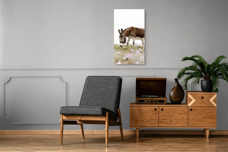 Tablou Canvas, "Măgar păscând printre flori de câmp", Calm, Blând, Verdeață, Flori, Natură, Cer, Tranquil, Mânz, Relaxant, Echilibru, 50 x 90 cm – poza 8