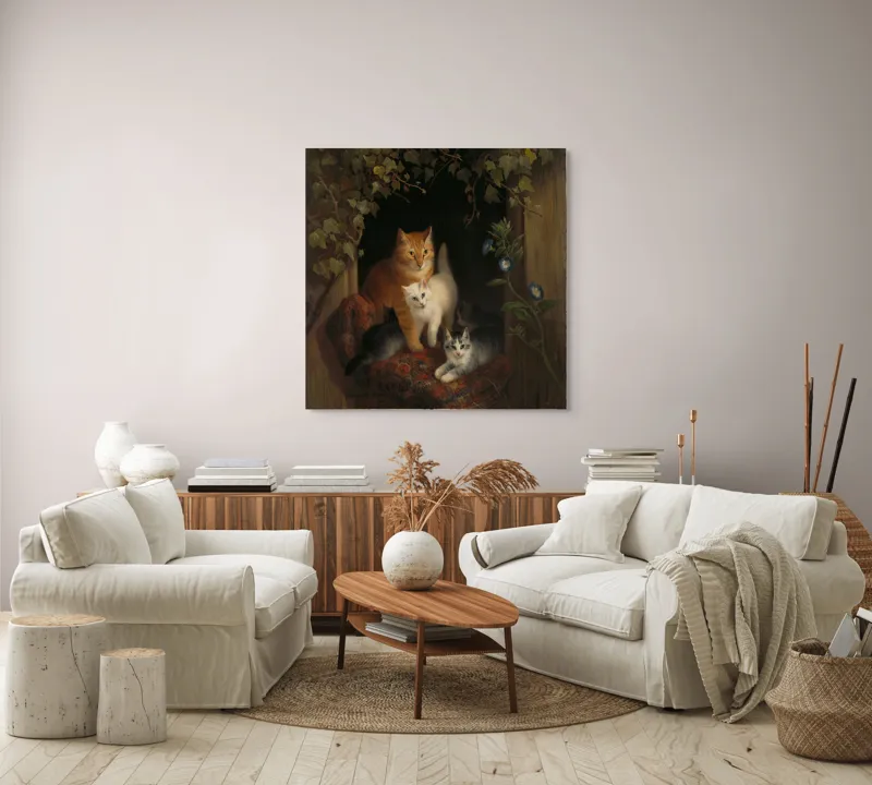 Tablou Canvas, "Familie de pisici în grădină linistită", Pisici, Blană, Mușcate, Frunze, Covor, Întuneric, Flori, Lumină, Îmbrățișare, Exuberanță, 100 x 100 cm – poza 3