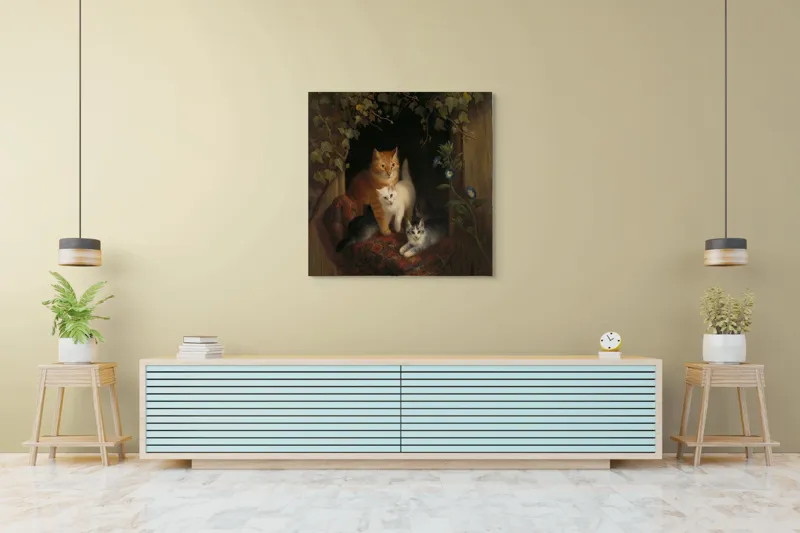 Tablou Canvas, "Familie de pisici în grădină linistită", Pisici, Blană, Mușcate, Frunze, Covor, Întuneric, Flori, Lumină, Îmbrățișare, Exuberanță, 100 x 100 cm – poza 5