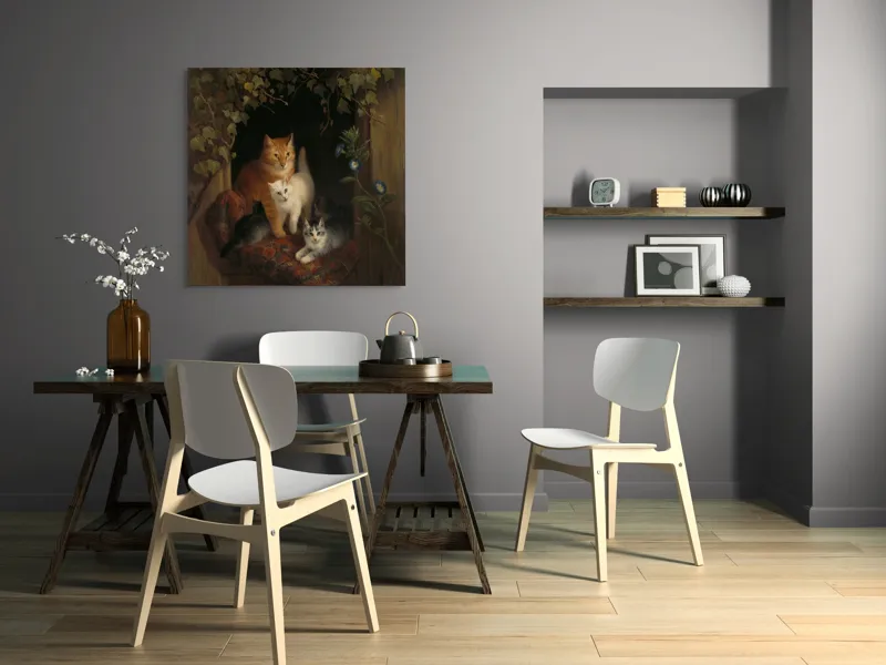 Tablou Canvas, "Familie de pisici în grădină linistită", Pisici, Blană, Mușcate, Frunze, Covor, Întuneric, Flori, Lumină, Îmbrățișare, Exuberanță, 100 x 100 cm – poza 6