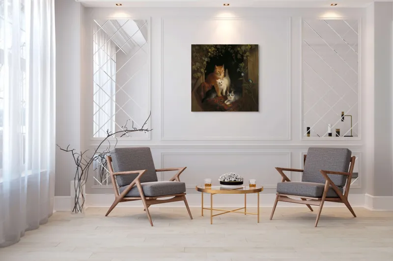 Tablou Canvas, "Familie de pisici în grădină linistită", Pisici, Blană, Mușcate, Frunze, Covor, Întuneric, Flori, Lumină, Îmbrățișare, Exuberanță, 100 x 100 cm – poza 7